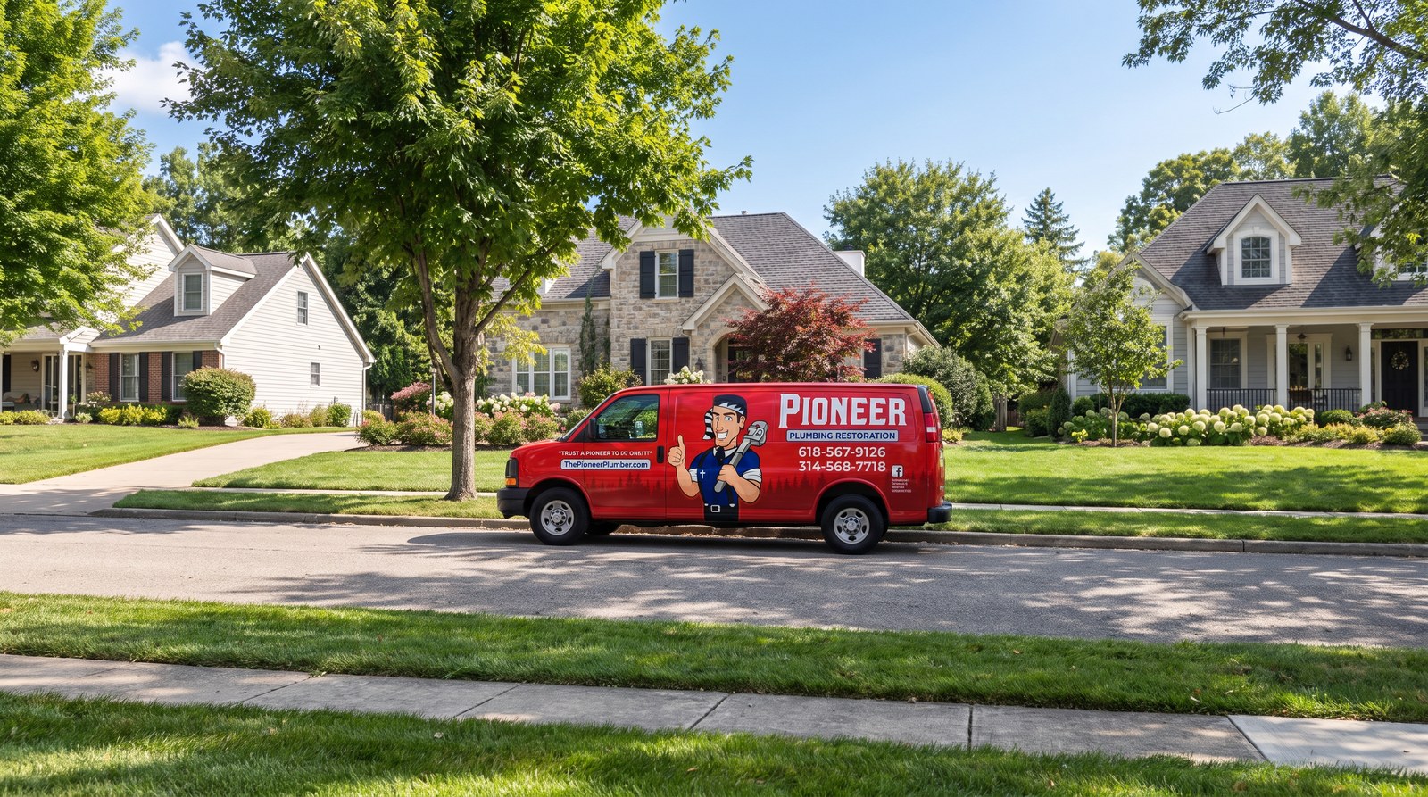 Pioneer Plumbing Restoration service van parked on a tree-lined neighborhood street at dusk
