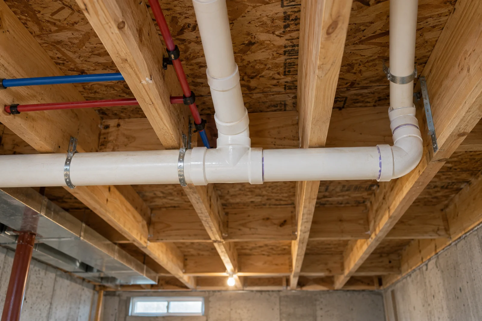 Supply, drain, and vent piping routed through open framing and floor joists