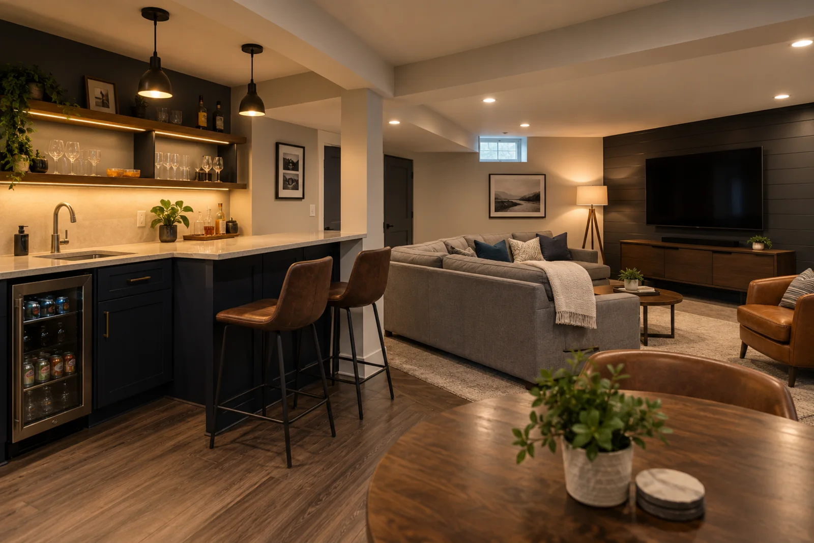 Finished basement living space with a compact wet bar