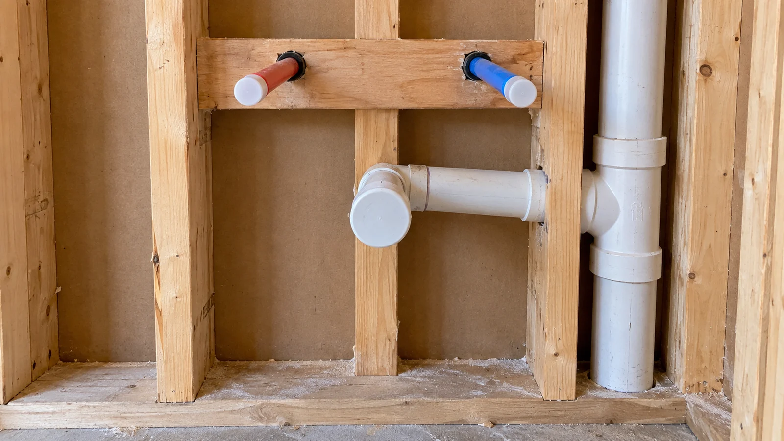 Capped hot and cold water stub-outs and a centered PVC drain stub-out in open wall framing