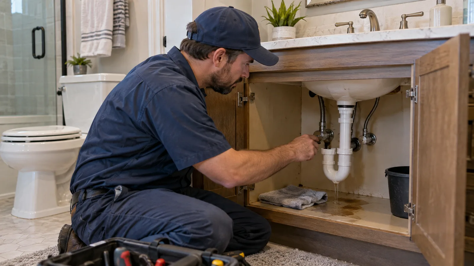 Plumber inspecting vanity shutoffs, supply lines, and the drain trap in a finished bathroom