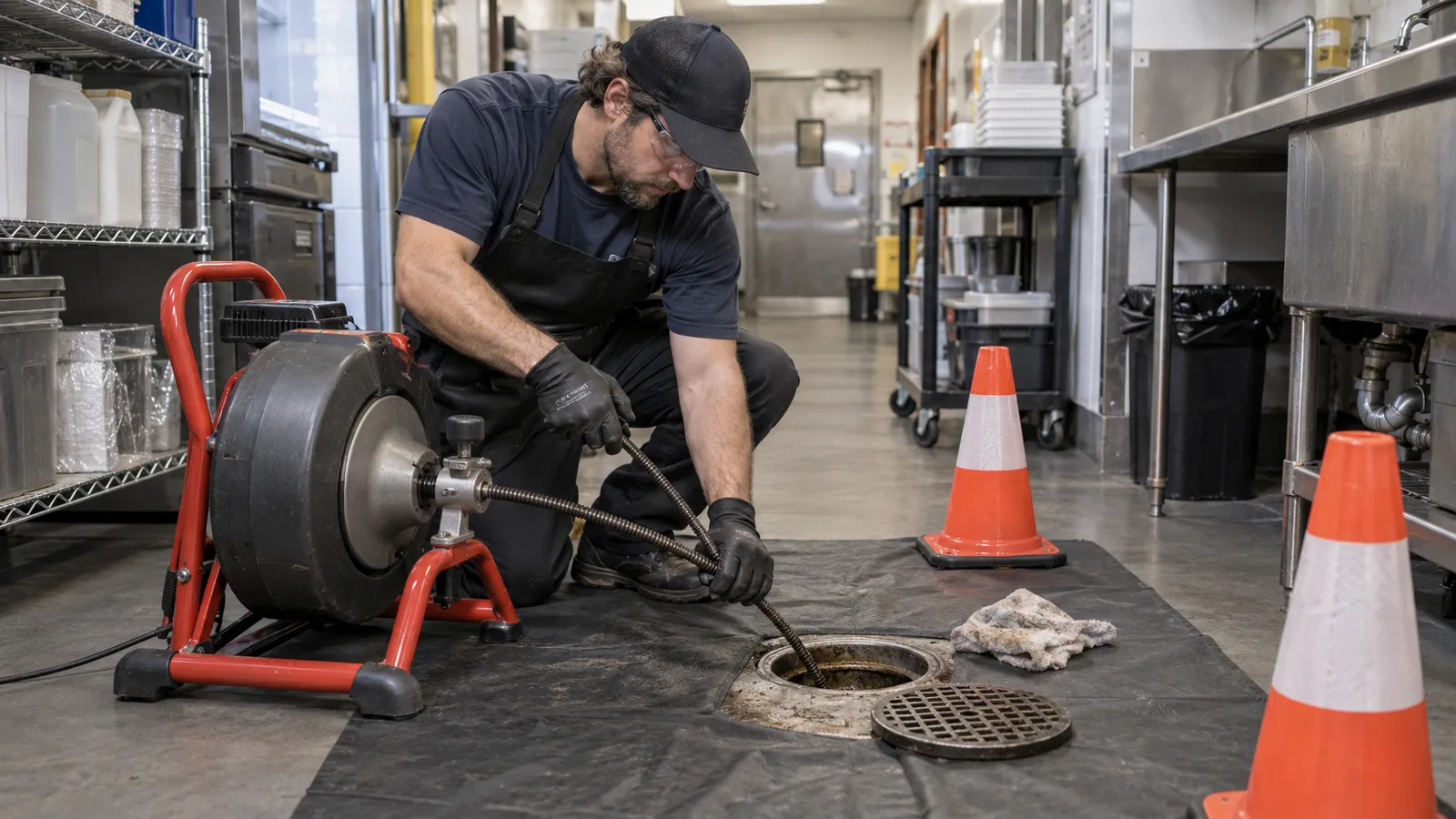 Plumber using a drain cable machine at a commercial floor drain
