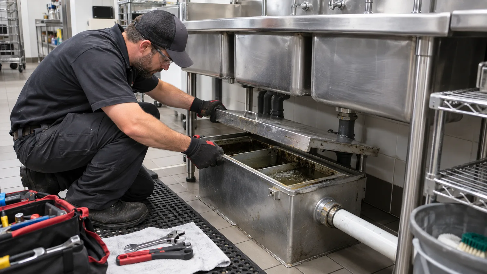 Plumber inspecting an accessible commercial grease interceptor beneath a sink