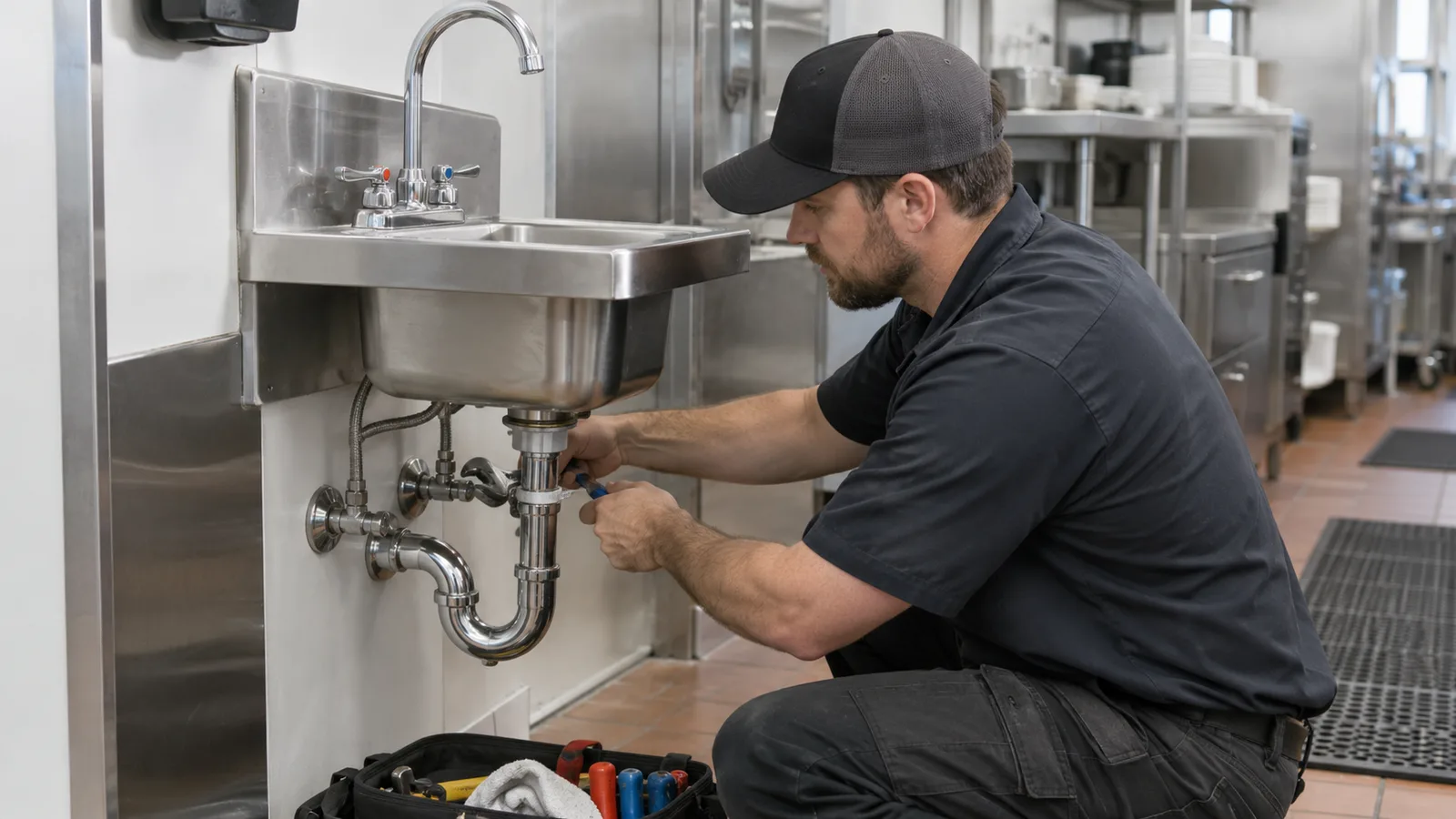 Plumber servicing a wall-mounted faucet and hand sink in a commercial workspace