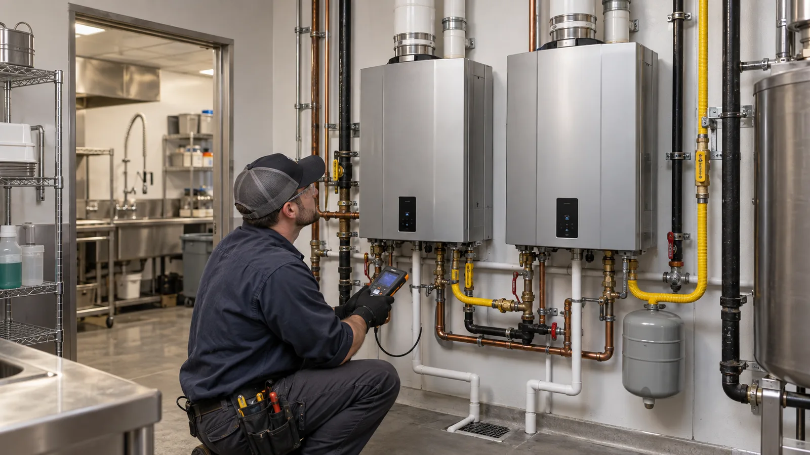 Plumber inspecting two wall-mounted commercial tankless water heaters and their piping