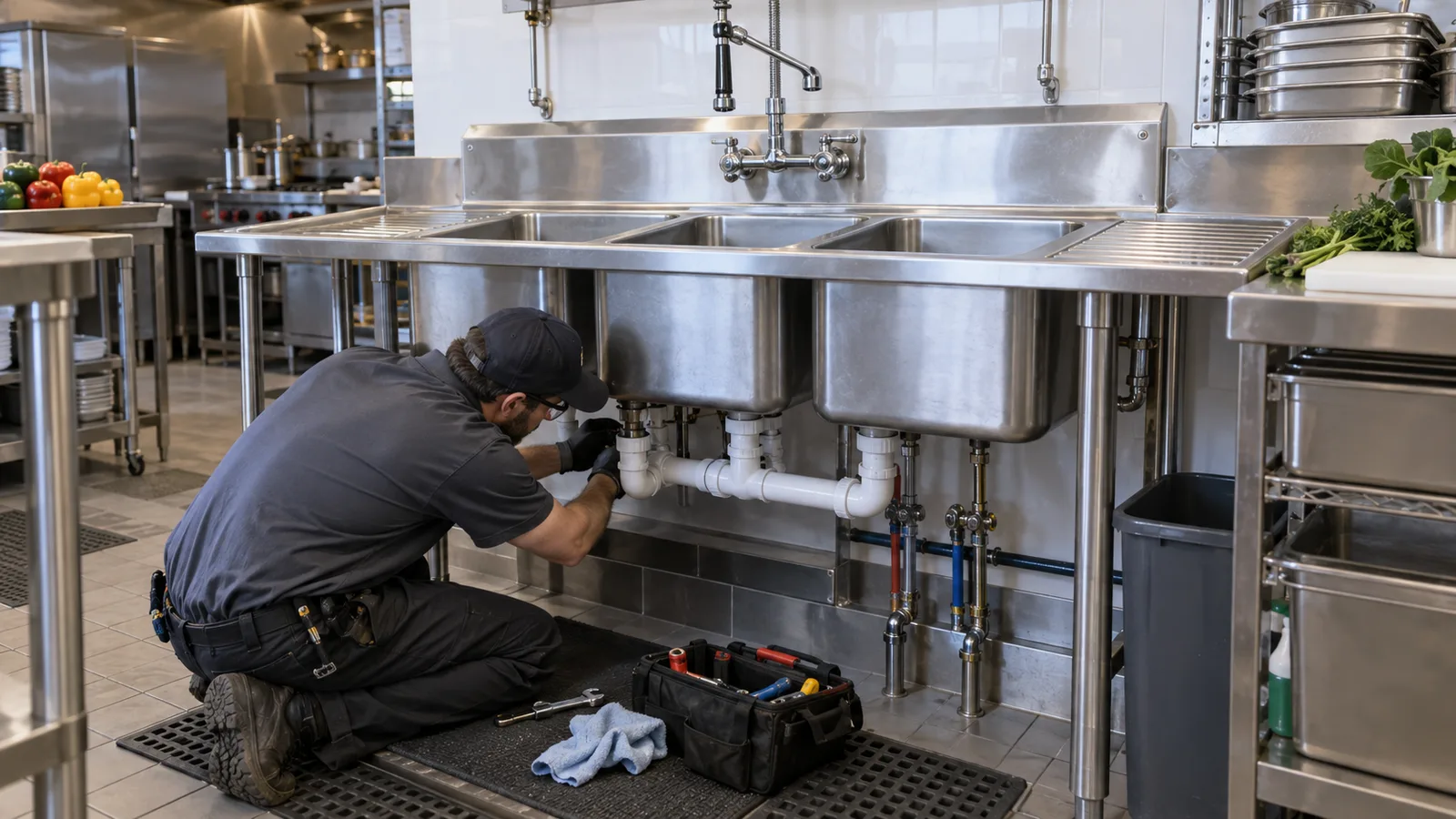Plumber servicing supply and drain connections beneath a commercial three-compartment sink