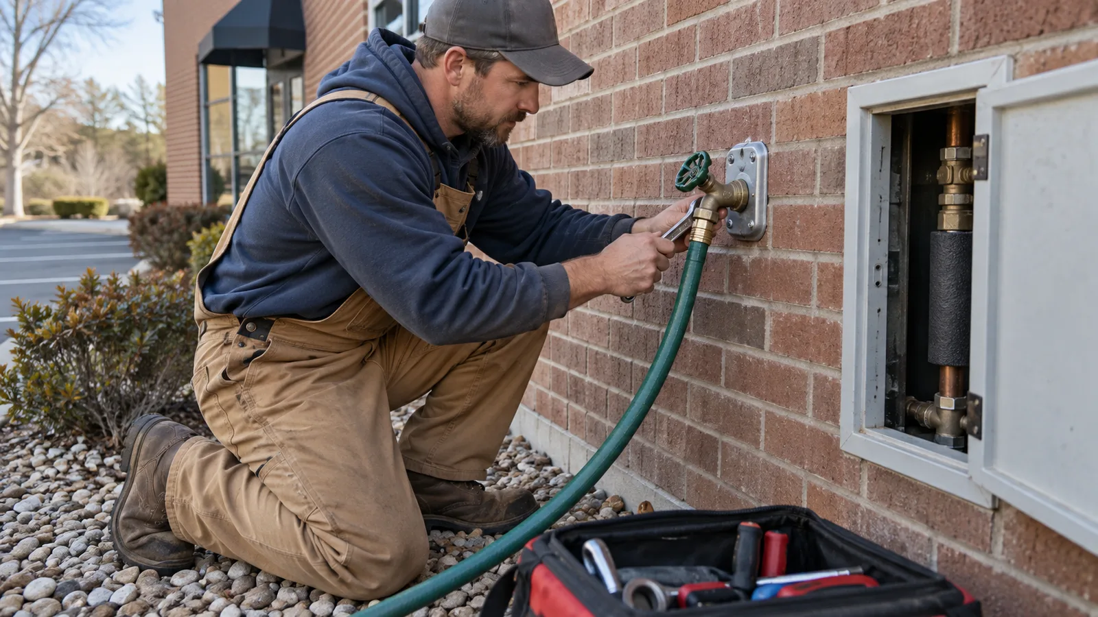 Plumber servicing an exterior wall hydrant on a commercial brick building