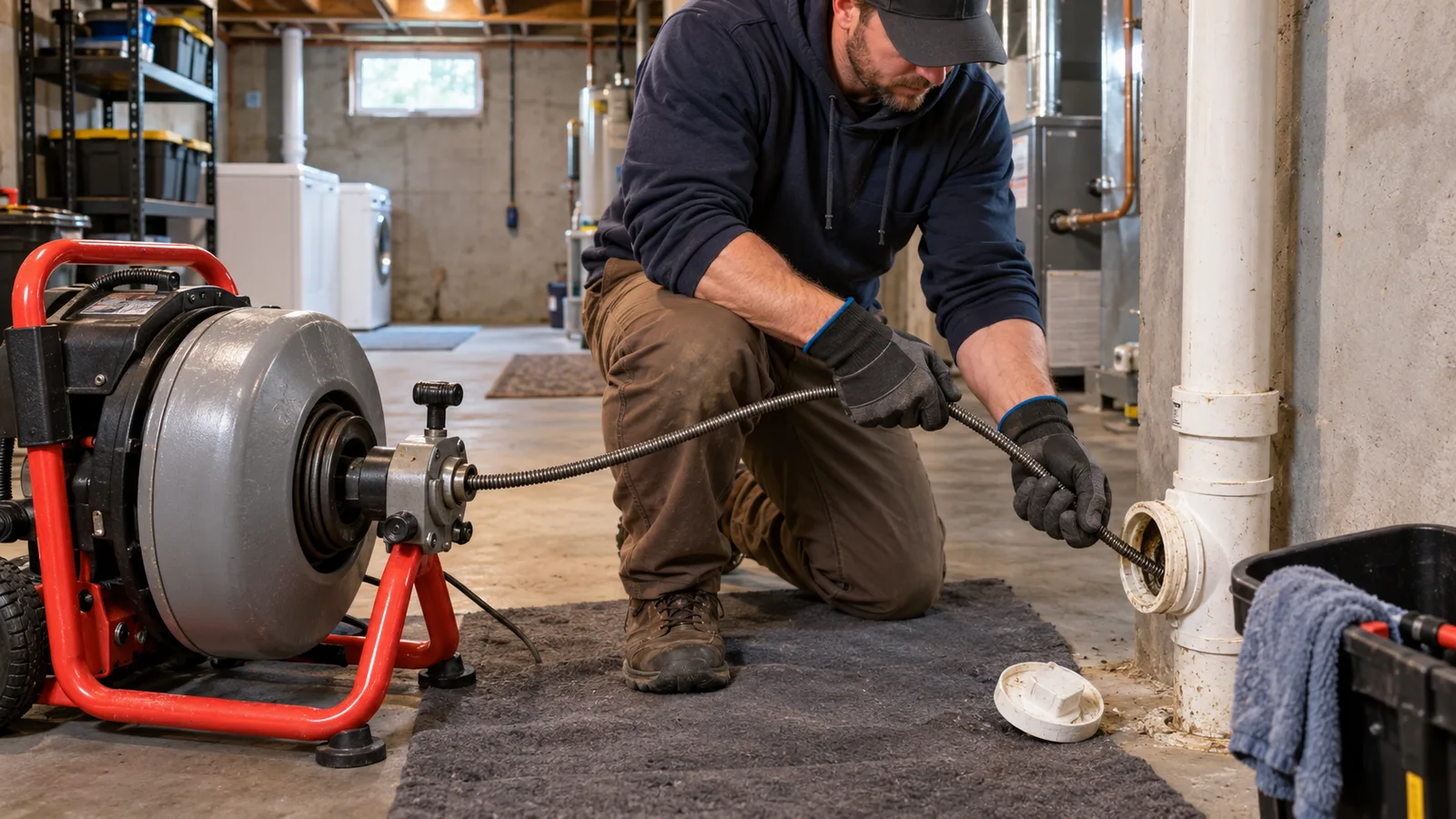 Plumber feeding a rotating drain cable from a drum machine into a basement cleanout