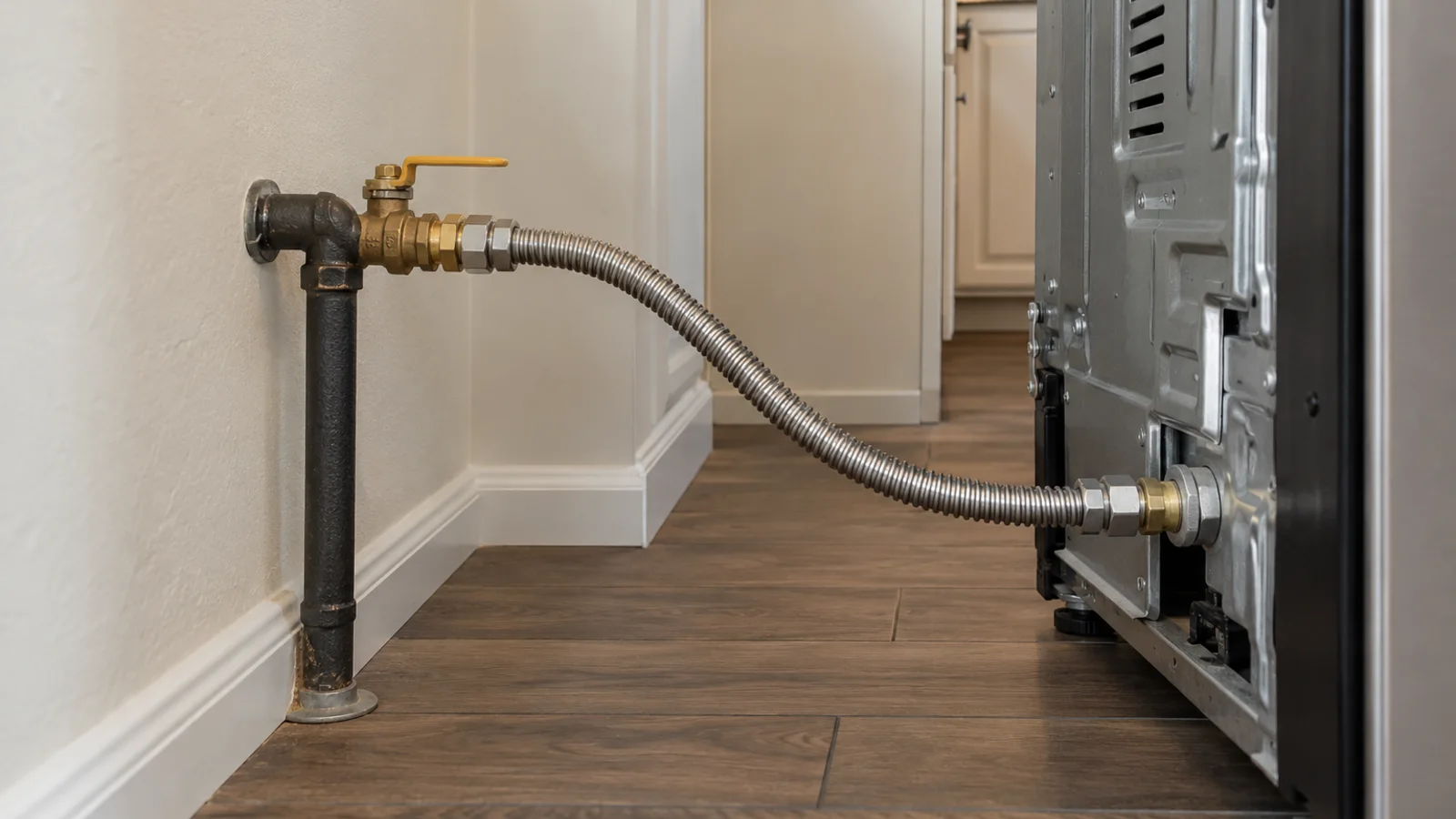 Flexible appliance gas connector, shutoff valve, and rigid supply piping behind a residential range