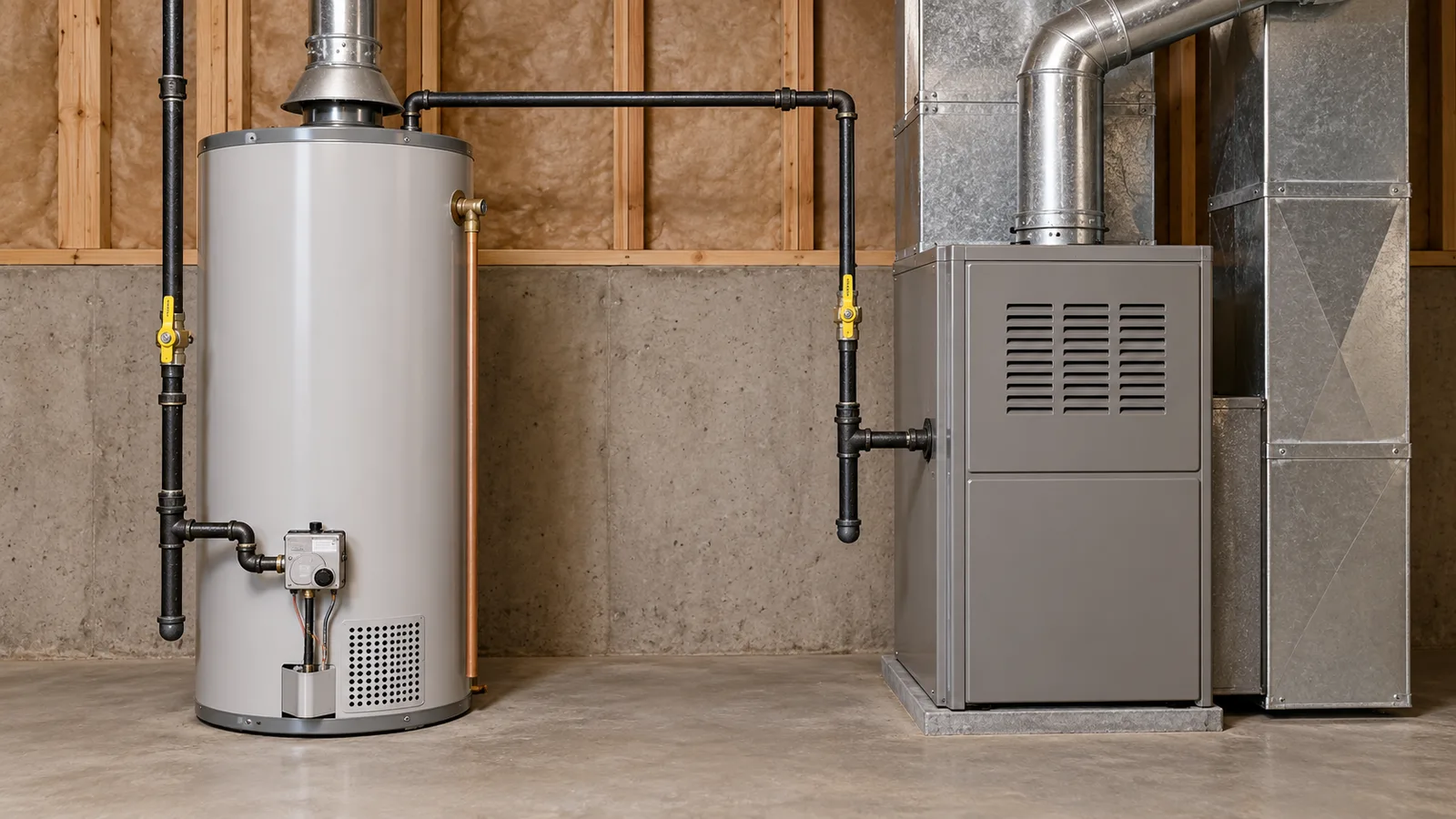 Gas piping connected to a tank water heater and furnace