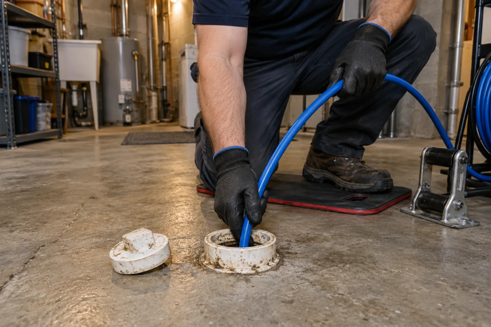 Plumber feeding a blue hydro-jetting hose into an accessible basement floor cleanout