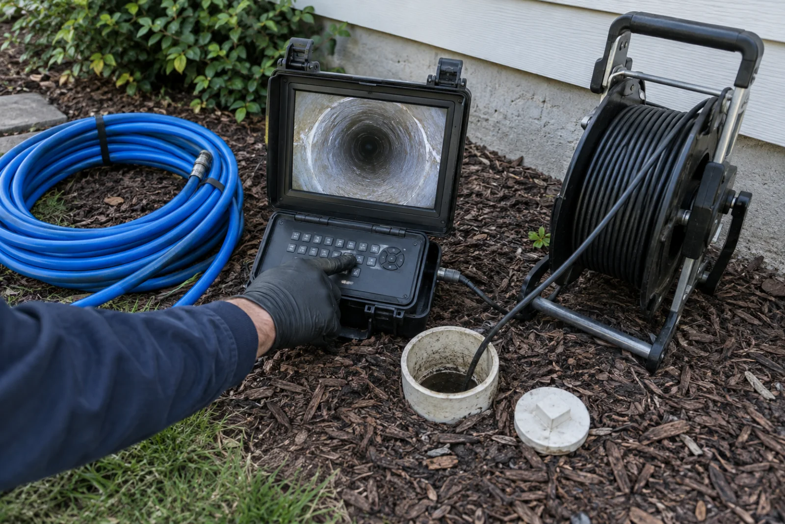 Sewer camera monitor and reel beside a cleanout with a separate blue hydro-jetting hose