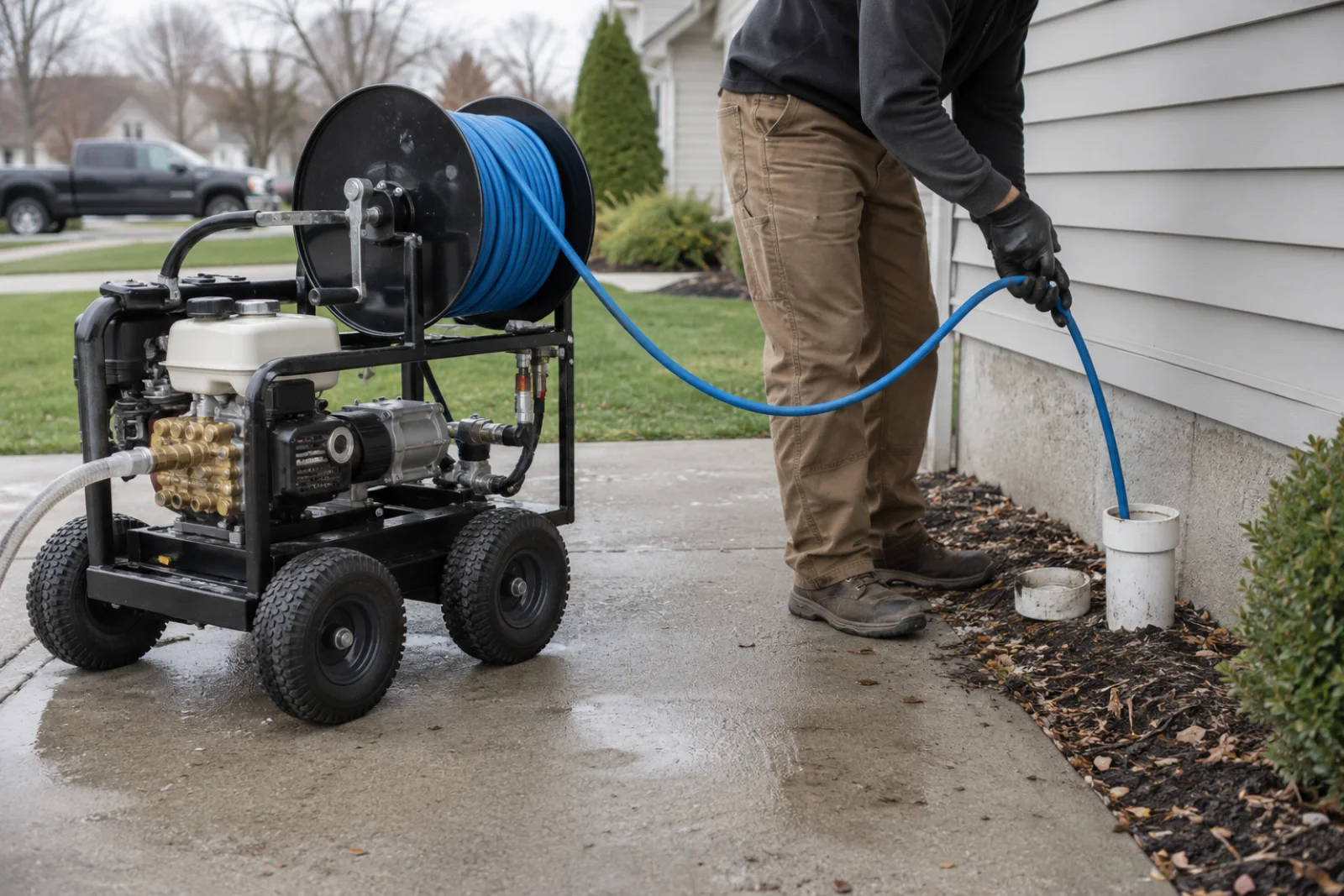 Compact residential hydro-jetting pressure unit and blue hose beside an exterior sewer cleanout