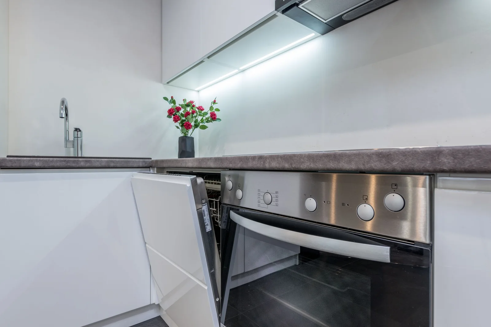Kitchen sink and faucet beside an open dishwasher