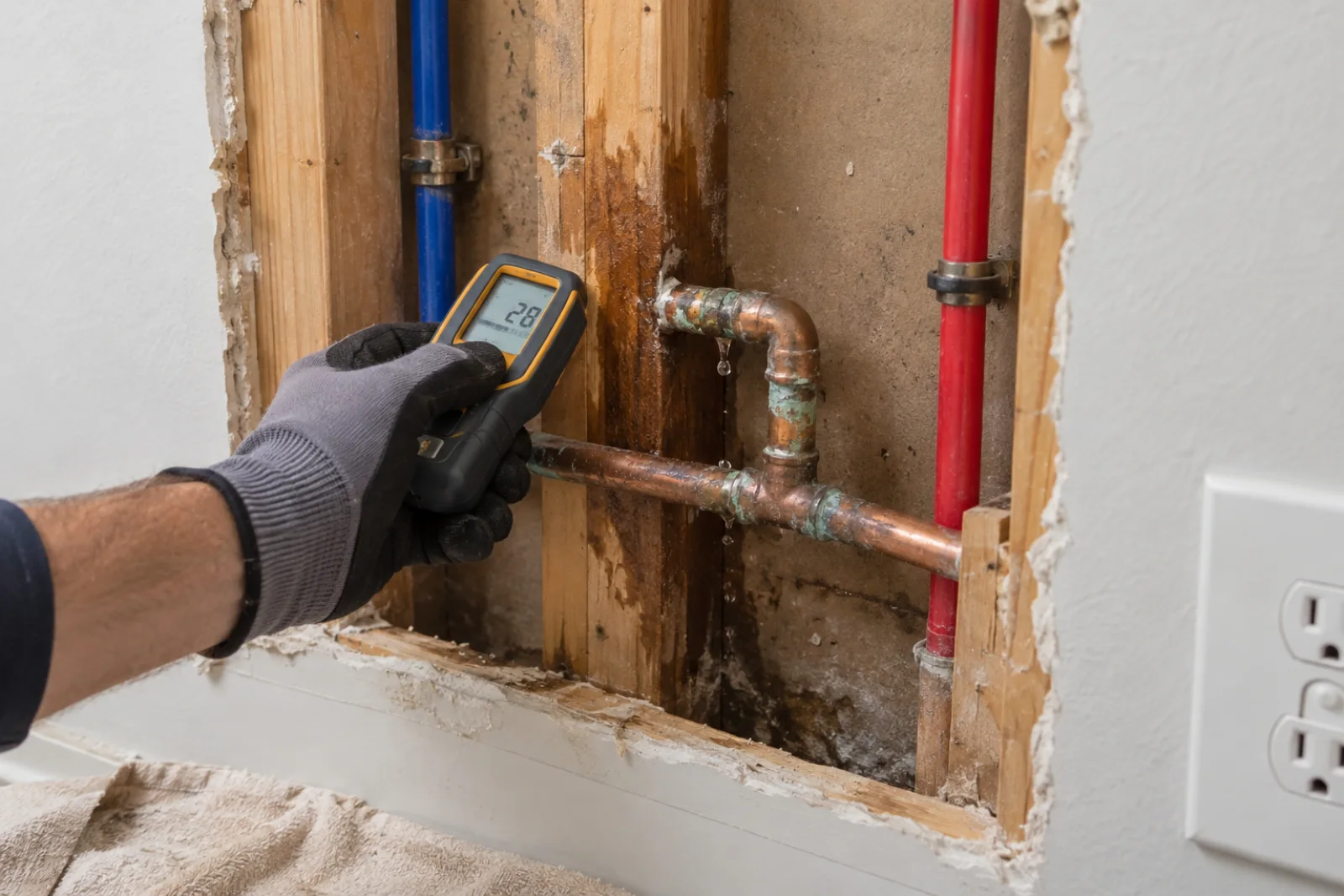 Plumber checking moisture beside exposed residential water piping through a focused wall opening