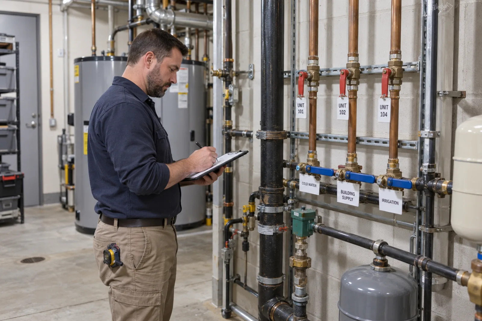 Plumber documenting labeled plumbing lines and shutoff valves in a managed-property mechanical room