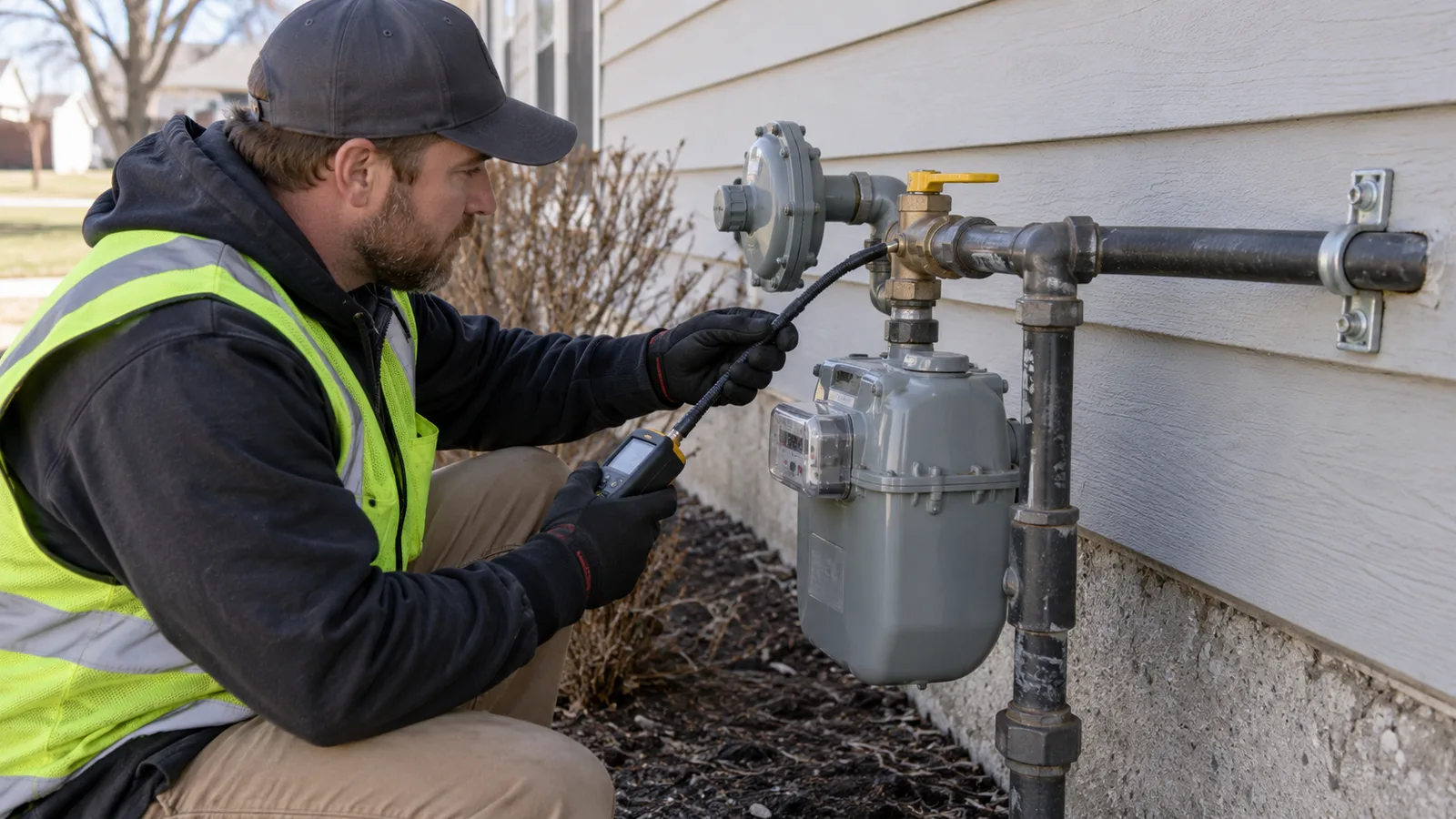 Plumber inspecting the customer-owned piping beside a single residential gas meter