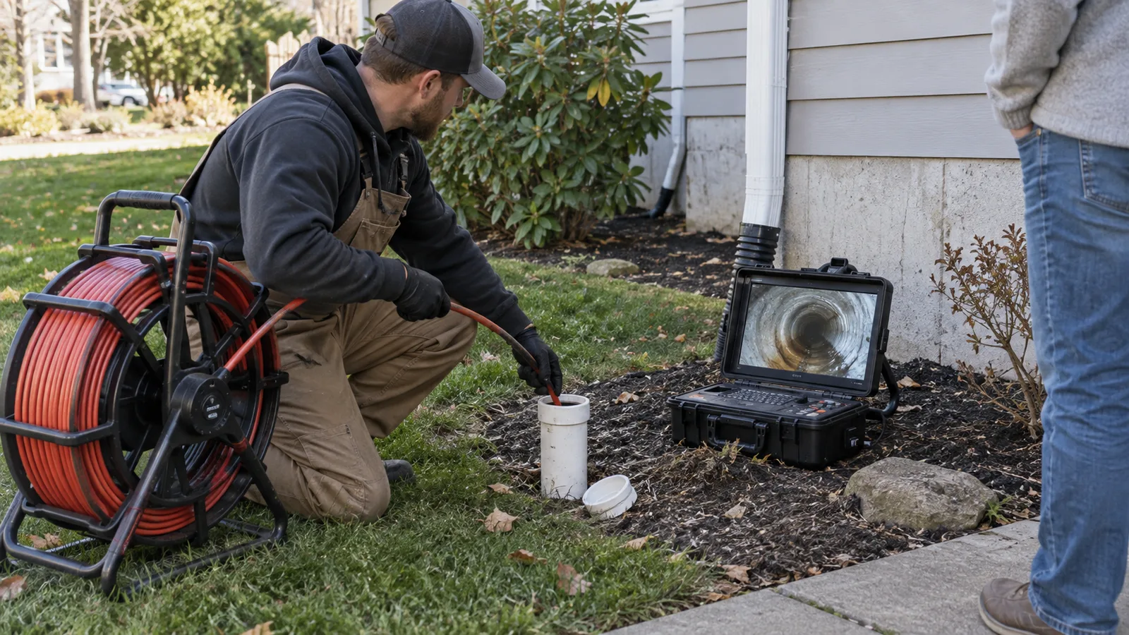 Residential sewer camera reel and monitor positioned beside an exterior cleanout