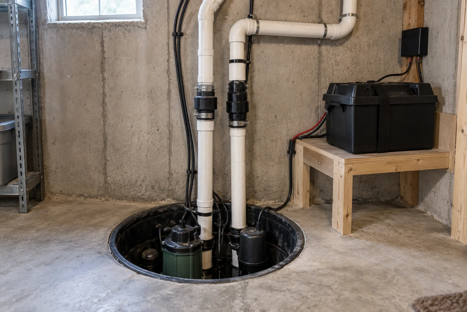 Primary and battery-backup sump pumps with separate discharge connections and a raised battery box