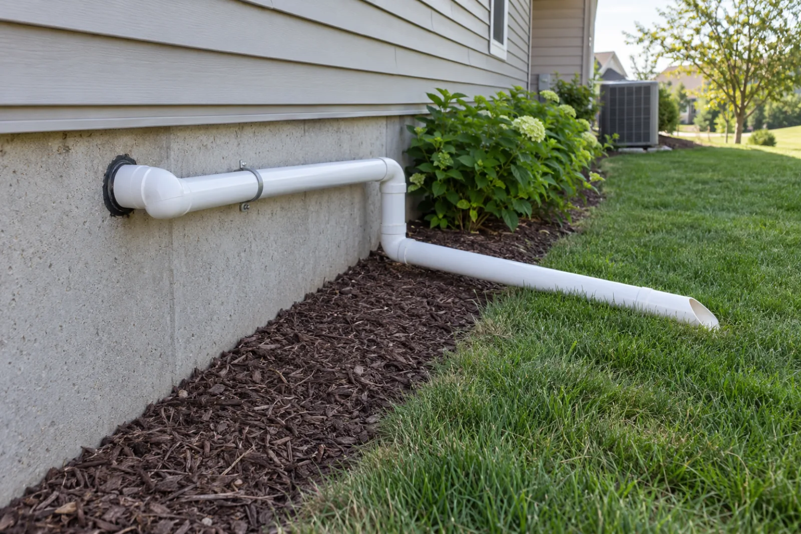 Residential sump-pump discharge pipe routed from the foundation and away from the house