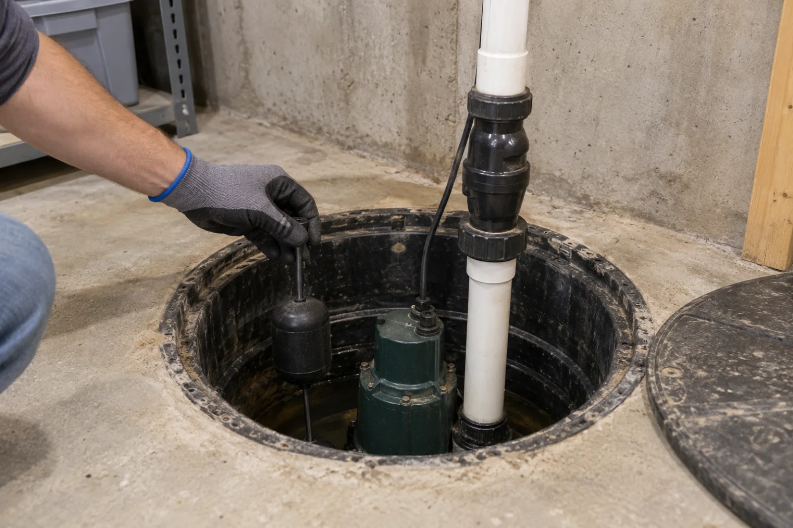 Plumber lifting a sump-pump float beside the pump and discharge check valve