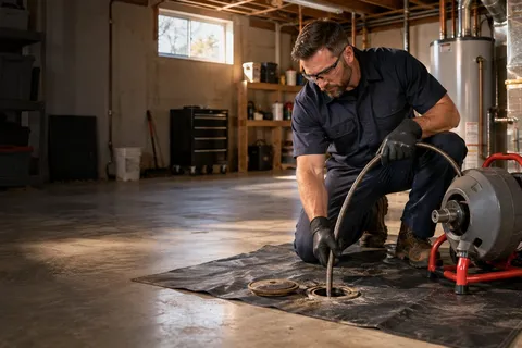 Plumber operating a residential drum-cable drain-cleaning machine