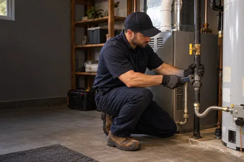 Plumber inspecting residential gas piping beside a furnace and water heater
