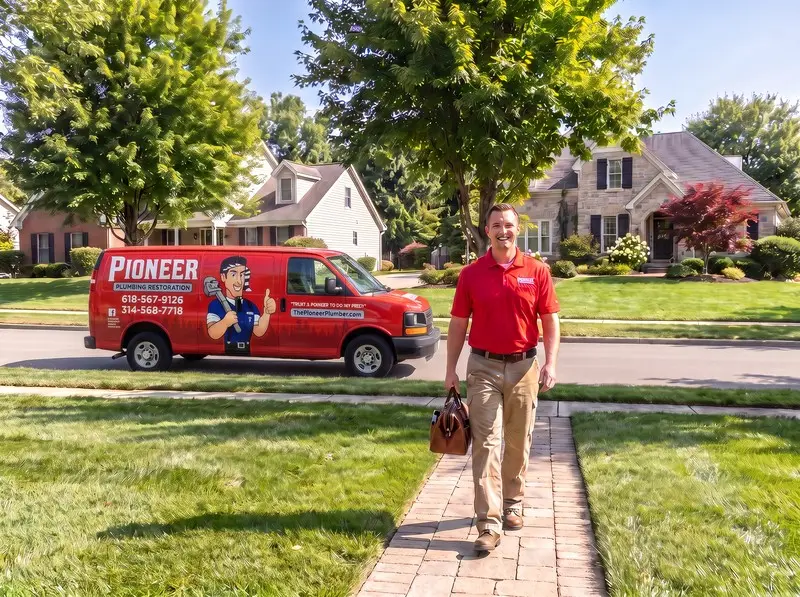 Illustration of a plumber arriving at a home with a branded service van parked on the street